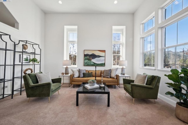 sitting room with light colored carpet and a towering ceiling