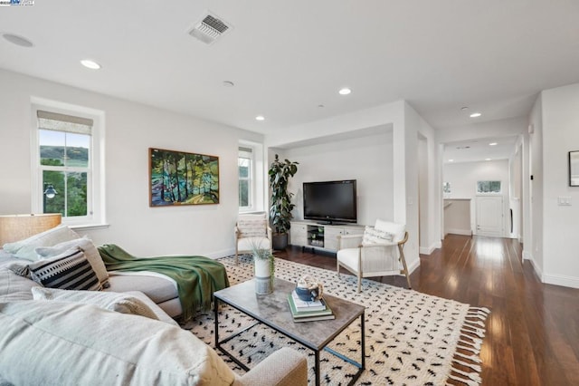 living room with dark wood-type flooring