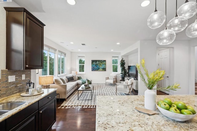 living room featuring sink and dark wood-type flooring