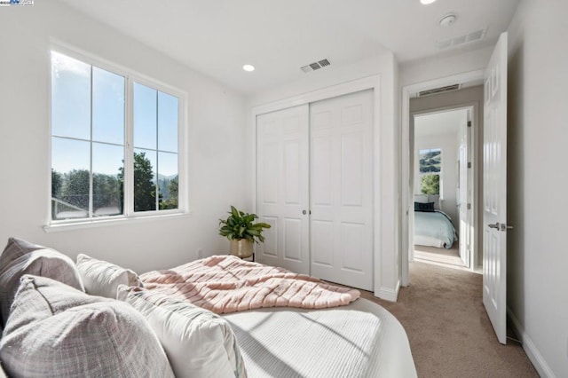 carpeted bedroom featuring a closet