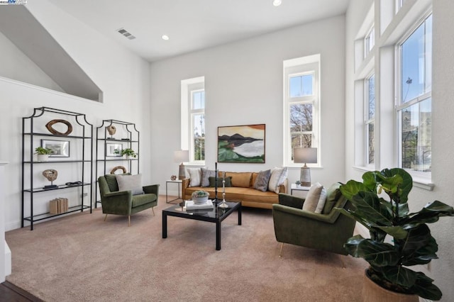 sitting room featuring a high ceiling, a healthy amount of sunlight, and carpet