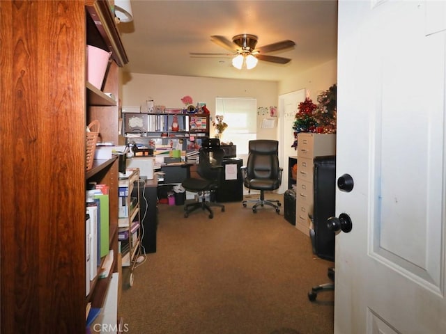 carpeted office space featuring ceiling fan