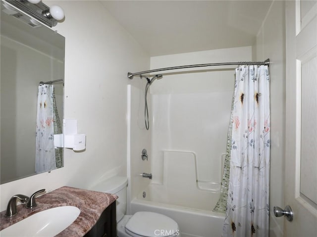 full bathroom featuring toilet, shower / bath combination with curtain, and vanity