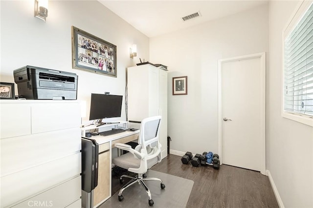 home office featuring dark hardwood / wood-style flooring