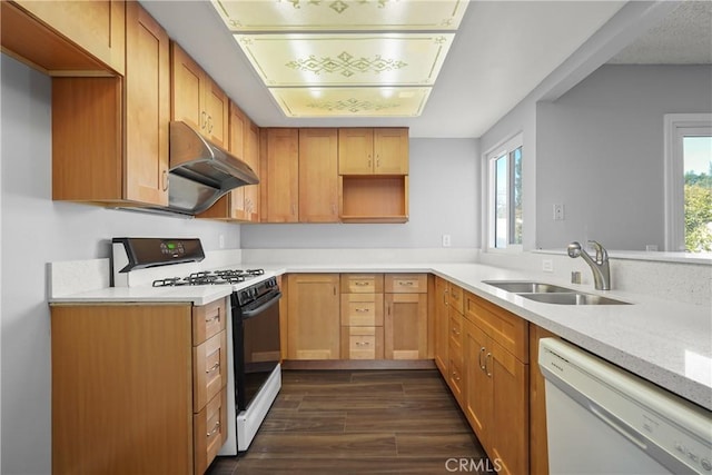 kitchen with gas stove, light stone countertops, dishwasher, and sink