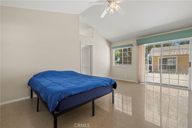 bedroom featuring access to outside, tile patterned floors, ceiling fan, and vaulted ceiling