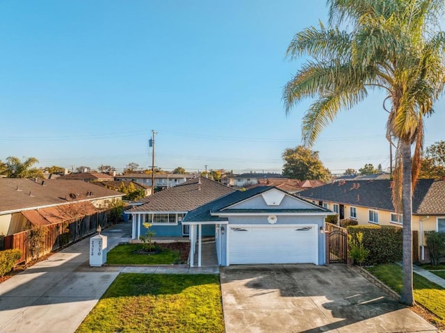 ranch-style home with a garage and a front yard