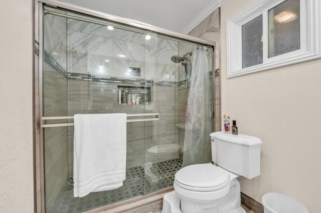 bathroom with an enclosed shower, crown molding, and toilet