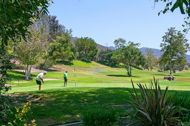 view of community featuring a mountain view and a lawn