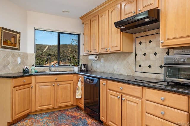 kitchen with dark stone countertops, extractor fan, black appliances, and sink