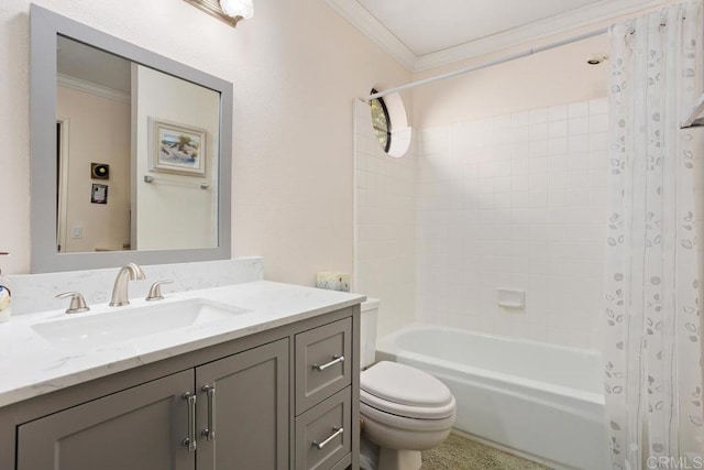 full bathroom featuring vanity, tub / shower combination, ornamental molding, and toilet