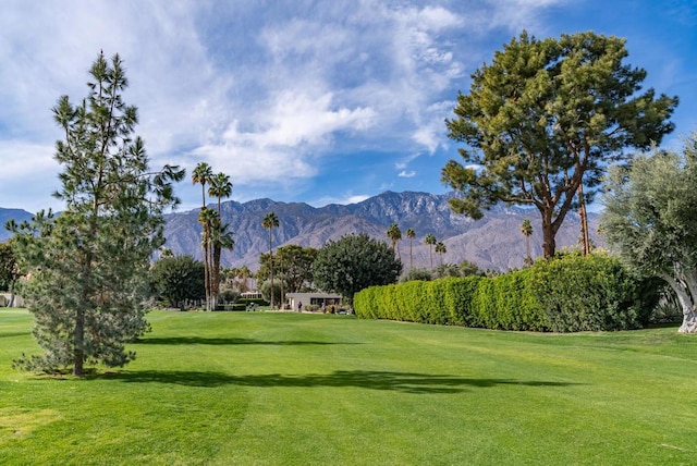 view of home's community with a mountain view and a lawn