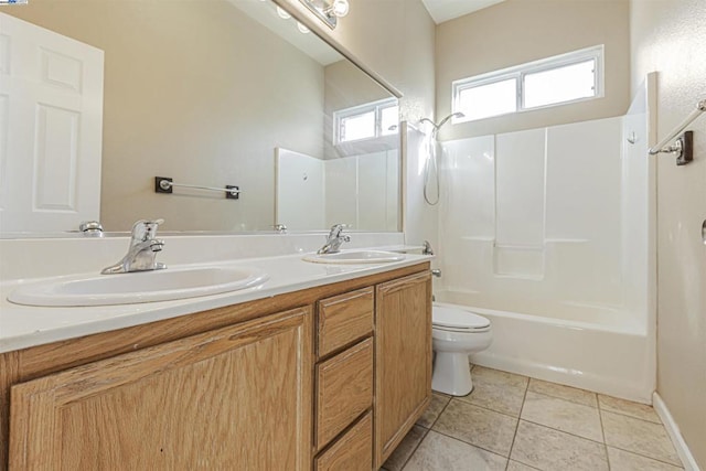 full bathroom featuring shower / bath combination, vanity, tile patterned floors, and toilet