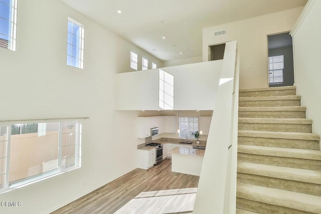 stairway featuring hardwood / wood-style floors, a towering ceiling, and sink