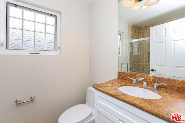 bathroom featuring vanity, toilet, and walk in shower