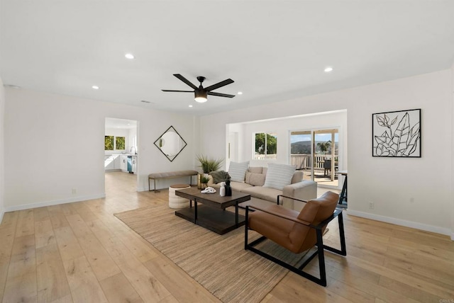 living room with ceiling fan and light wood-type flooring