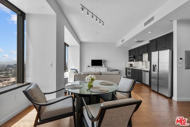 dining space featuring dark hardwood / wood-style flooring, sink, and track lighting