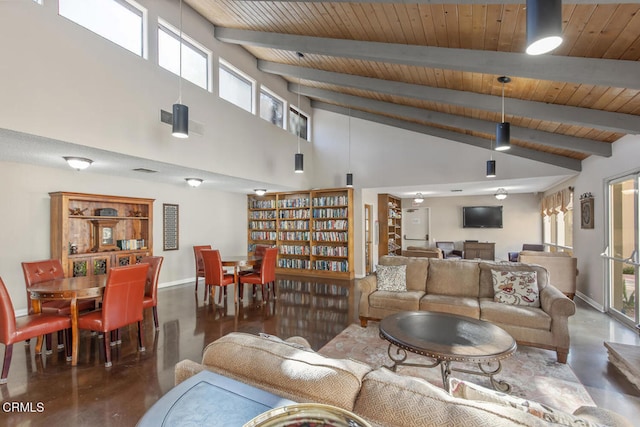 living room featuring beamed ceiling, high vaulted ceiling, and wooden ceiling