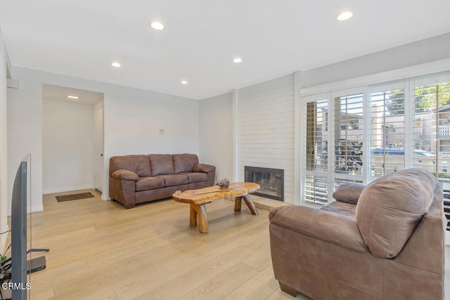 living room with a fireplace and light hardwood / wood-style flooring