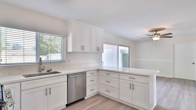 kitchen featuring white cabinetry, stainless steel dishwasher, kitchen peninsula, and sink