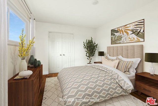 bedroom featuring wood-type flooring and a closet