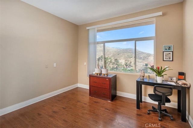 office with wood-type flooring and a mountain view