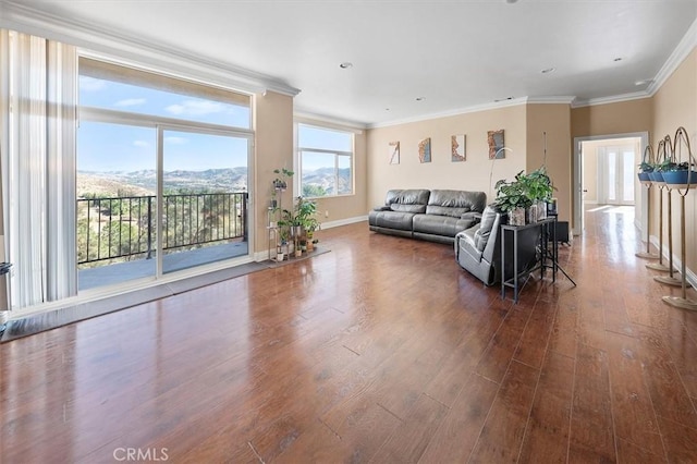 living room with a mountain view, ornamental molding, and dark hardwood / wood-style floors