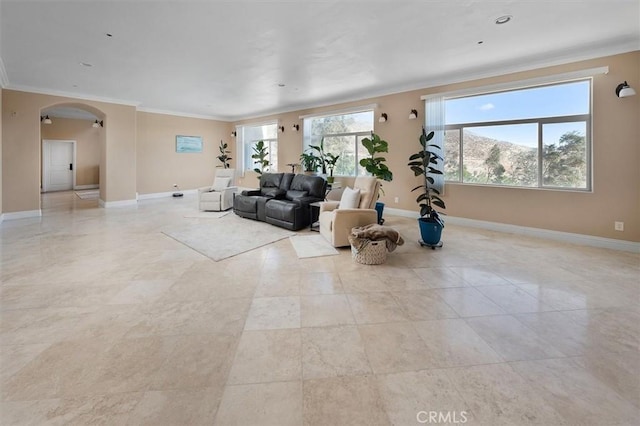 living room with crown molding and a mountain view