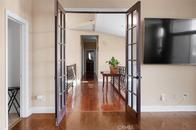 9455 Hierba Rd, Agua Dulce, CA 91390 - hall with french doors, wood finished floors, and lofted ceiling