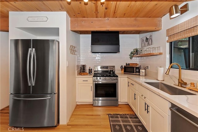 kitchen with sink, light hardwood / wood-style flooring, appliances with stainless steel finishes, backsplash, and custom range hood