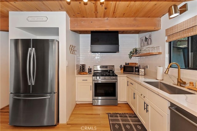 kitchen with a sink, light wood-style floors, appliances with stainless steel finishes, backsplash, and beamed ceiling