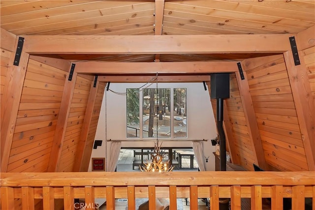 room details with wood walls, wood ceiling, and beam ceiling