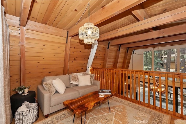 living room with wood walls, wood ceiling, light hardwood / wood-style flooring, a notable chandelier, and beam ceiling