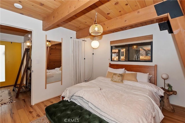 bedroom featuring wood-type flooring, beam ceiling, and wooden ceiling