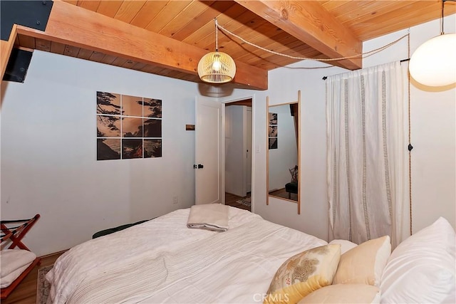 bedroom featuring wood ceiling and beam ceiling