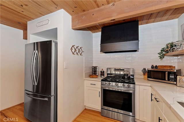 kitchen featuring wood ceiling, light hardwood / wood-style flooring, appliances with stainless steel finishes, backsplash, and custom range hood