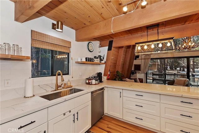 kitchen featuring sink, wood ceiling, white cabinetry, hanging light fixtures, and dishwasher