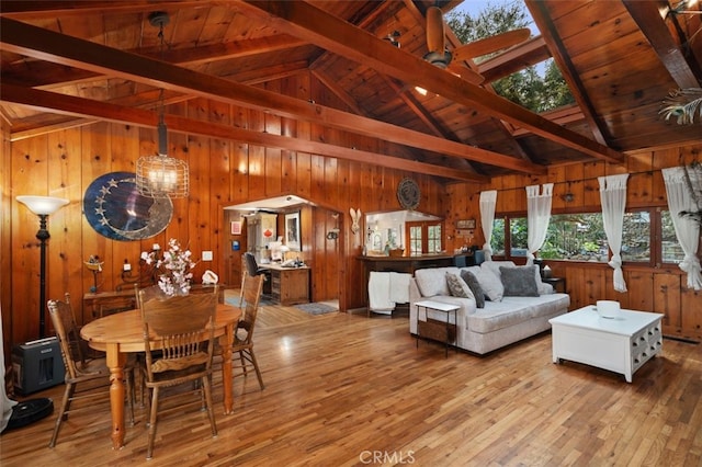 living room featuring wooden walls, hardwood / wood-style floors, wood ceiling, and beam ceiling