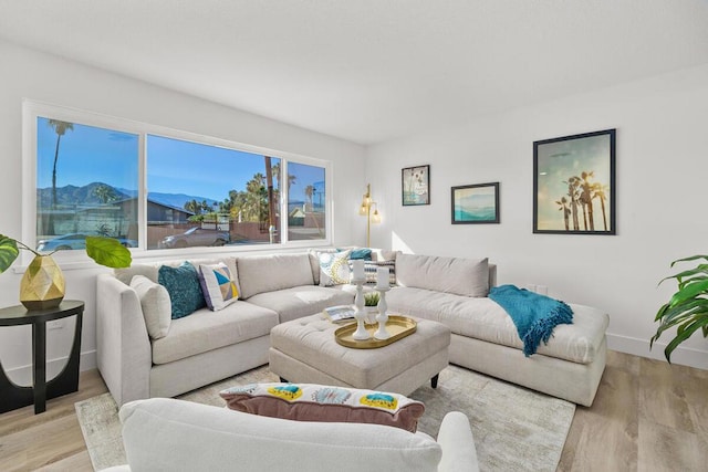 living room featuring a mountain view and light hardwood / wood-style flooring