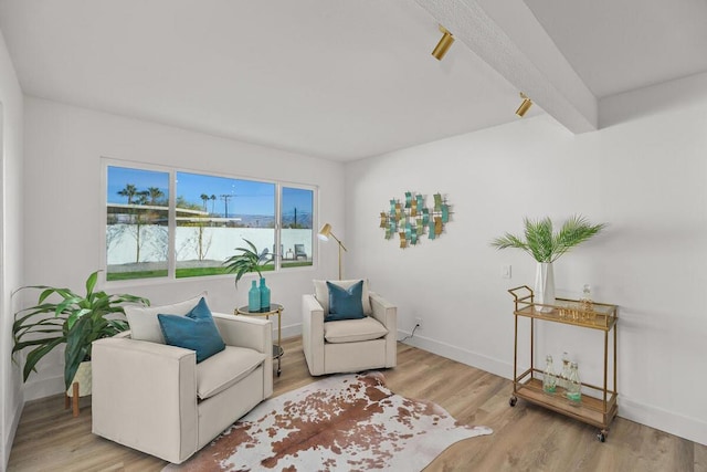 sitting room featuring beam ceiling and light hardwood / wood-style floors