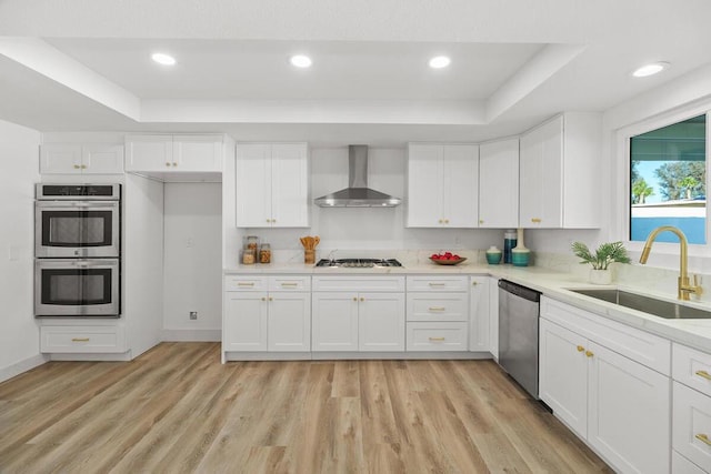 kitchen featuring white cabinetry, wall chimney range hood, stainless steel appliances, and a raised ceiling