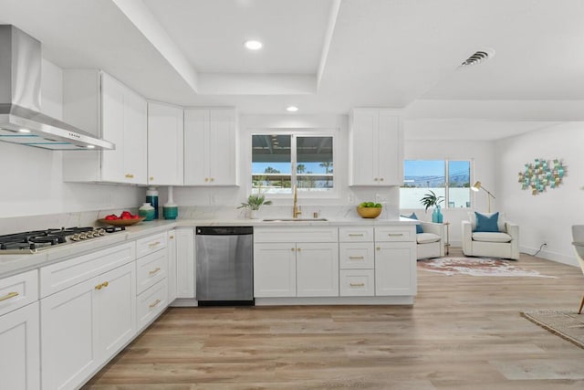 kitchen with appliances with stainless steel finishes, sink, white cabinets, a tray ceiling, and wall chimney exhaust hood