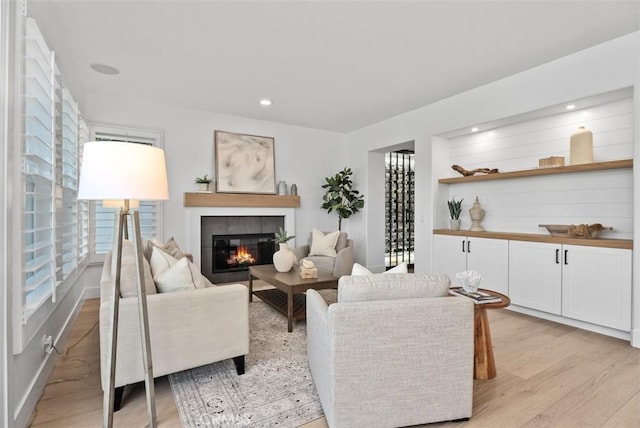 living room featuring a tiled fireplace and light hardwood / wood-style flooring