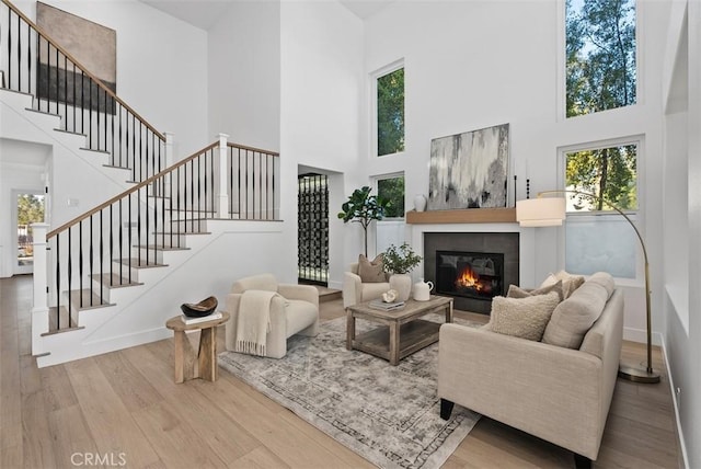 living room featuring plenty of natural light, light hardwood / wood-style floors, and a high ceiling