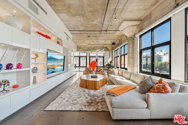 living room with dark wood-type flooring