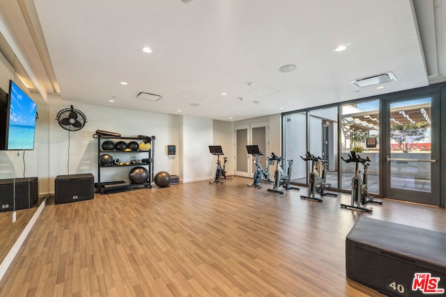 exercise room featuring a wall of windows and wood-type flooring