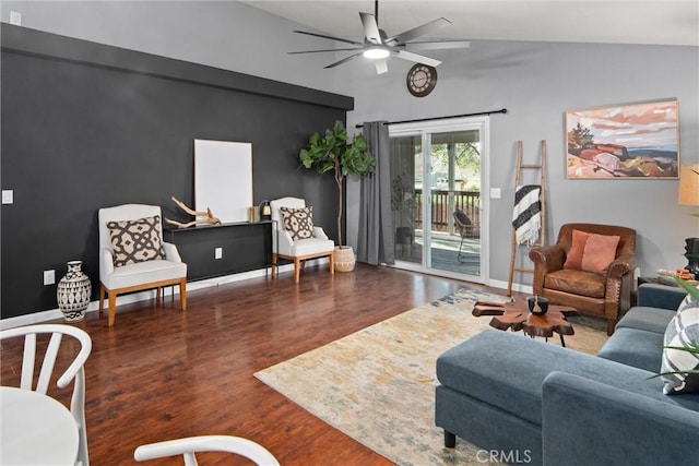 living room with ceiling fan, lofted ceiling, and hardwood / wood-style floors