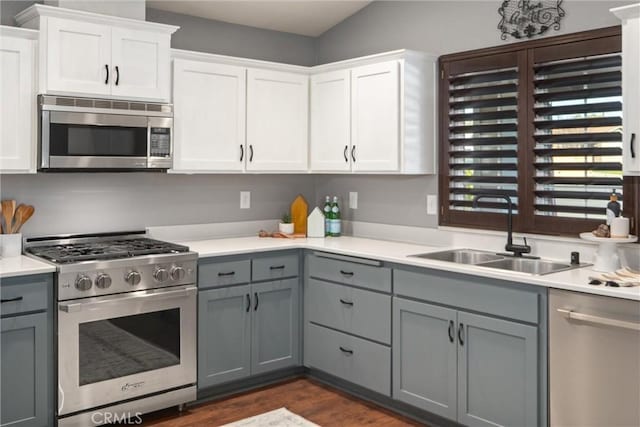 kitchen featuring white cabinetry, appliances with stainless steel finishes, gray cabinets, and sink