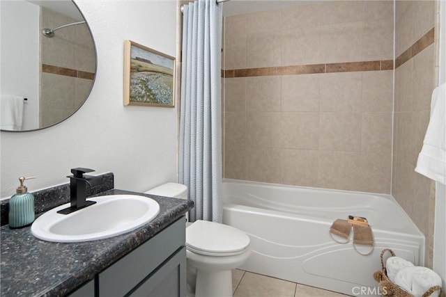 full bathroom featuring tile patterned flooring, vanity, shower / bath combination with curtain, and toilet