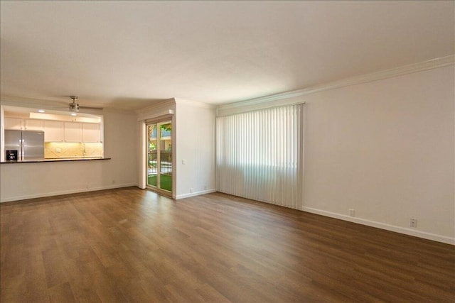 unfurnished living room featuring crown molding, ceiling fan, and hardwood / wood-style flooring